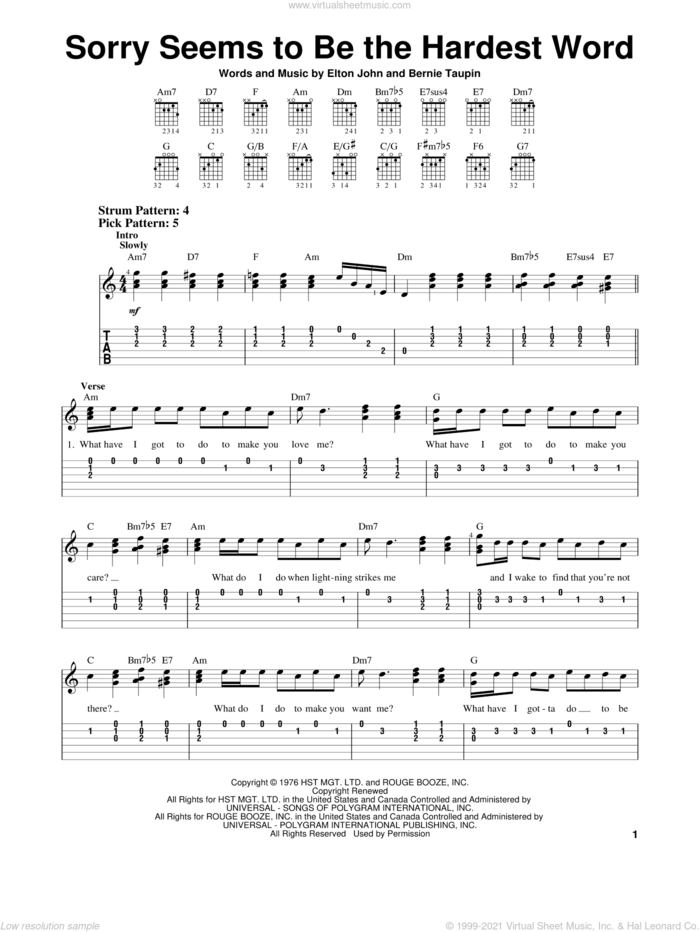Sorry Seems To Be The Hardest Word sheet music for guitar solo (easy tablature) by Elton John and Bernie Taupin, easy guitar (easy tablature)