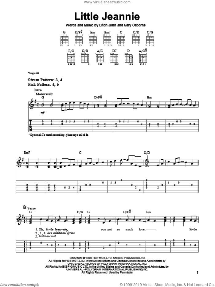 Little Jeannie sheet music for guitar solo (easy tablature) by Elton John and Gary Osborne, easy guitar (easy tablature)