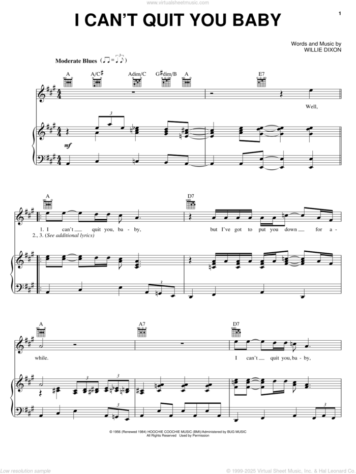 I Can't Quit You Baby sheet music for voice, piano or guitar by Otis Rush and Willie Dixon, intermediate skill level