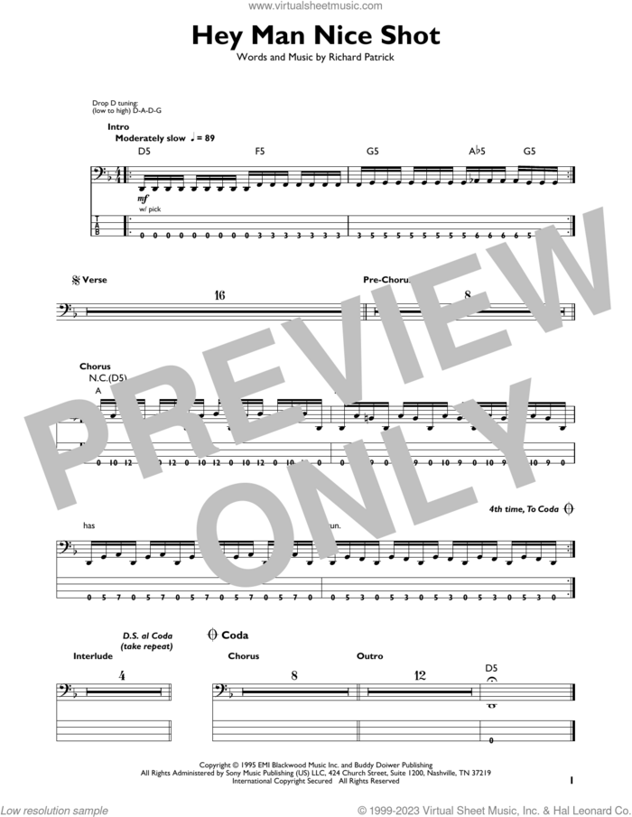 Hey Man Nice Shot sheet music for bass solo by Filter and Richard Patrick, intermediate skill level