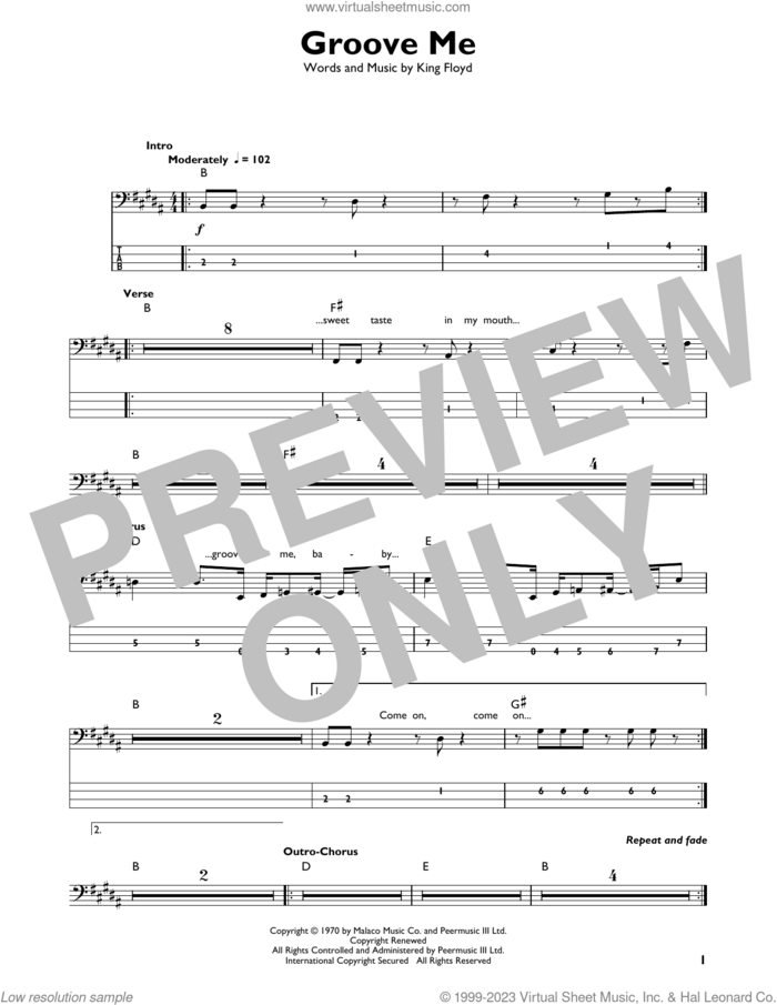Groove Me sheet music for bass solo by King Floyd, intermediate skill level