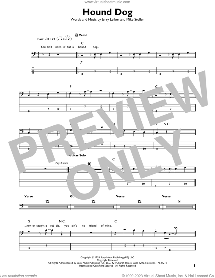 Hound Dog sheet music for bass solo by Elvis Presley, Jerry Leiber and Mike Stoller, intermediate skill level