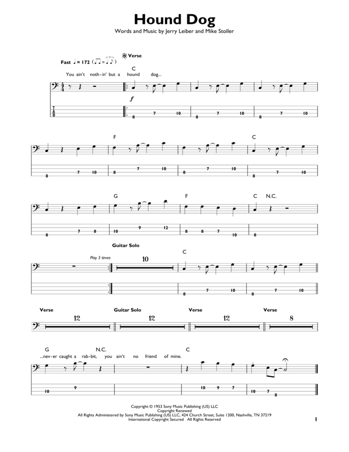 Hound Dog sheet music for bass solo by Elvis Presley, Jerry Leiber and Mike Stoller, intermediate skill level