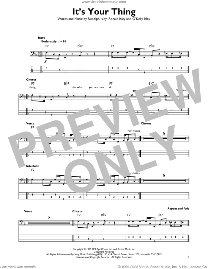 It's Your Thing sheet music for bass solo by The Isley Brothers, O Kelly Isley, Ronald Isley and Rudolph Isley, intermediate skill level