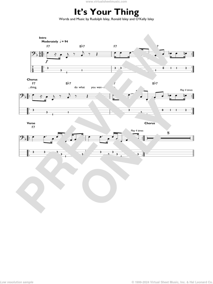 It's Your Thing sheet music for bass solo by The Isley Brothers, O Kelly Isley, Ronald Isley and Rudolph Isley, intermediate skill level