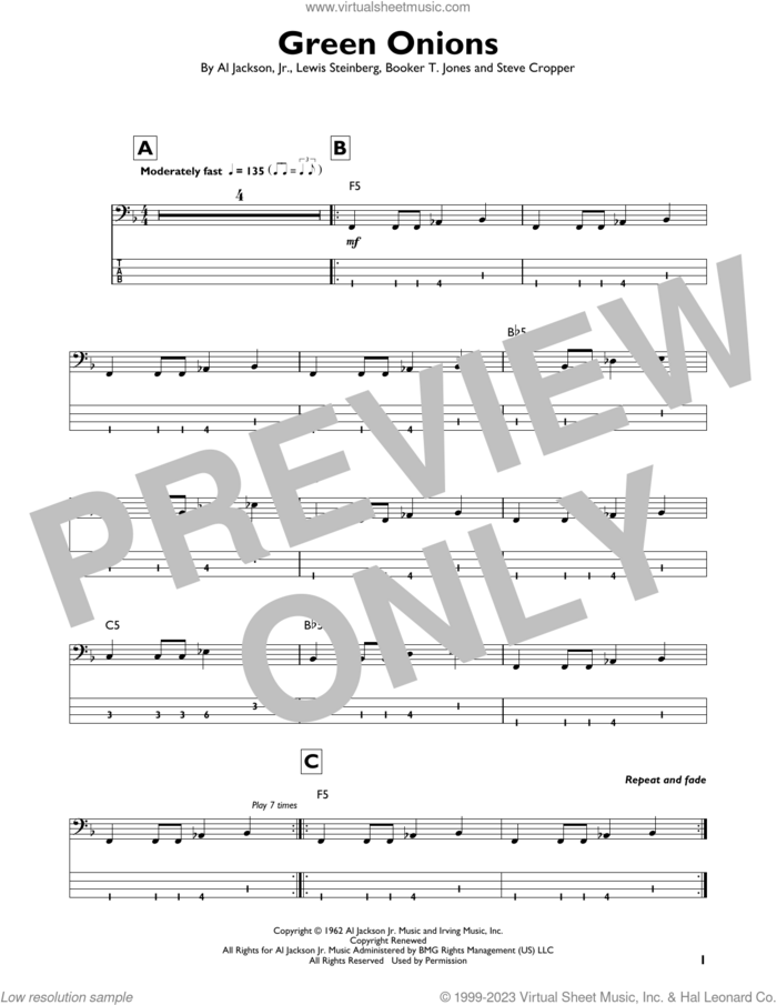 Green Onions sheet music for bass solo by Booker T. & The MG's, Al Jackson, Jr., Booker T. Jones, Lewis Steinberg and Steve Cropper, intermediate skill level