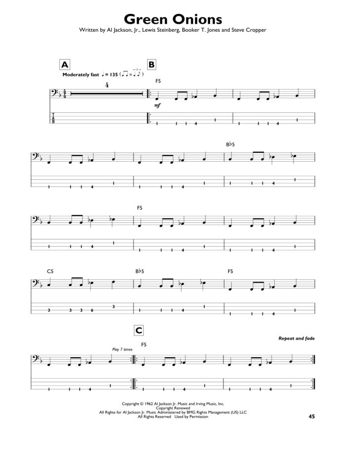 Green Onions sheet music for bass solo by Booker T. & The MG's, Al Jackson, Jr., Booker T. Jones, Lewis Steinberg and Steve Cropper, intermediate skill level