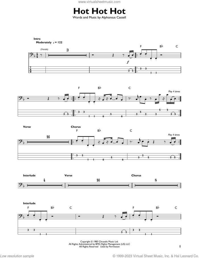 Hot Hot Hot sheet music for bass solo by Buster Poindexter and Alphonsus Cassell, intermediate skill level