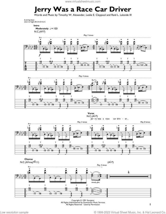 Jerry Was A Race Car Driver sheet music for bass solo by Primus, Leslie E. Claypool, Reid L. Lalonde III and Timothy W. Alexander, intermediate skill level
