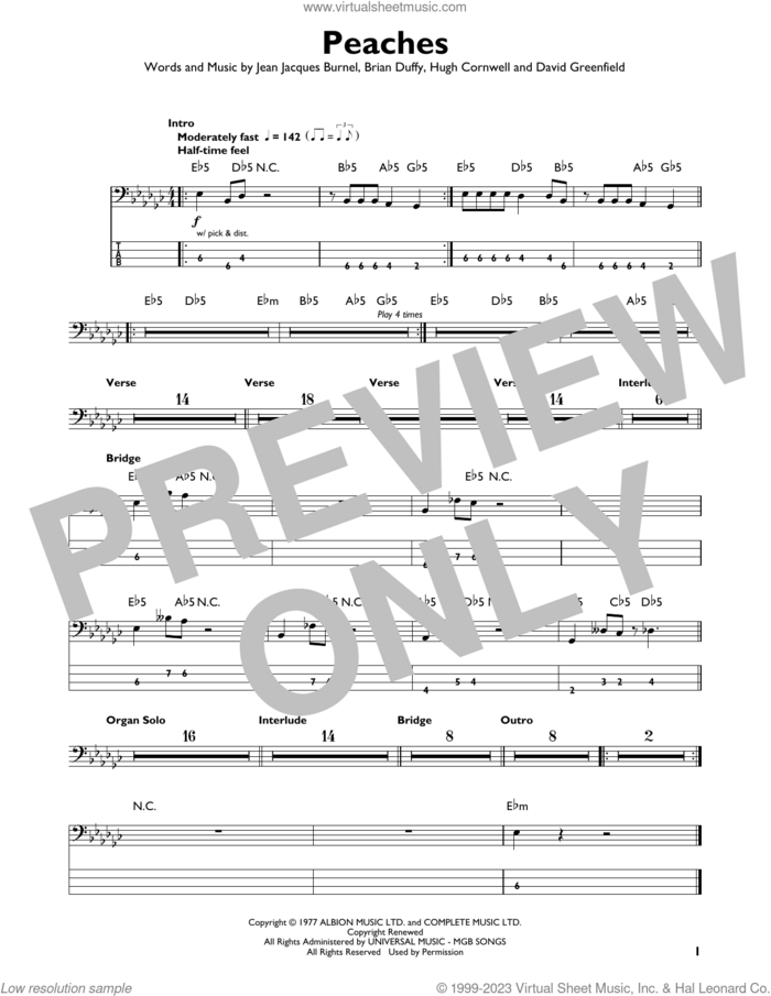 Peaches sheet music for bass solo by The Stranglers, Brian Duffy, David Greenfield, Hugh Cornwell, Jean-Jacques Burnel and Jet Black, intermediate skill level