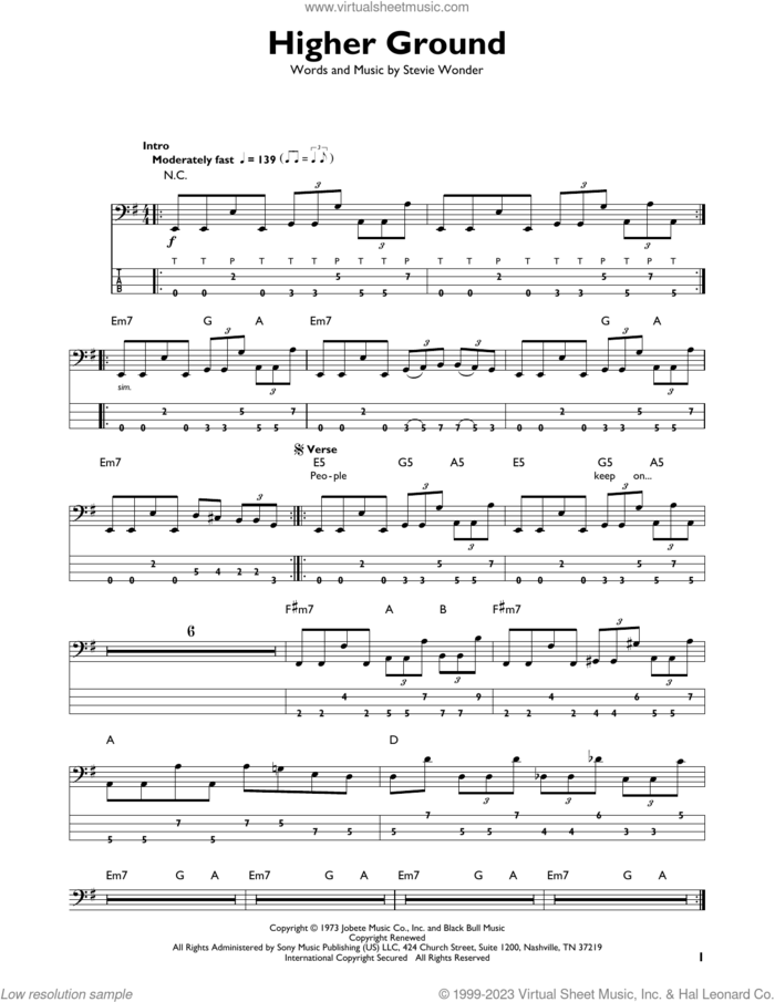 Higher Ground sheet music for bass solo by Stevie Wonder and Red Hot Chili Peppers, intermediate skill level