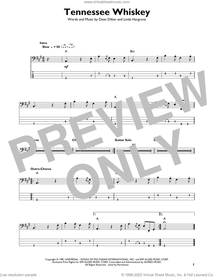 Tennessee Whiskey sheet music for bass solo by Chris Stapleton, George Jones, Dean Dillon and Linda Hargrove, intermediate skill level
