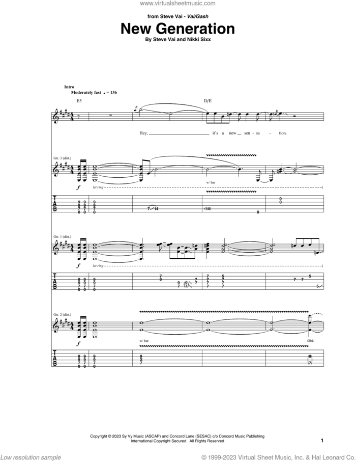 New Generation sheet music for guitar (tablature) by Steve Vai and Nikki Sixx, intermediate skill level