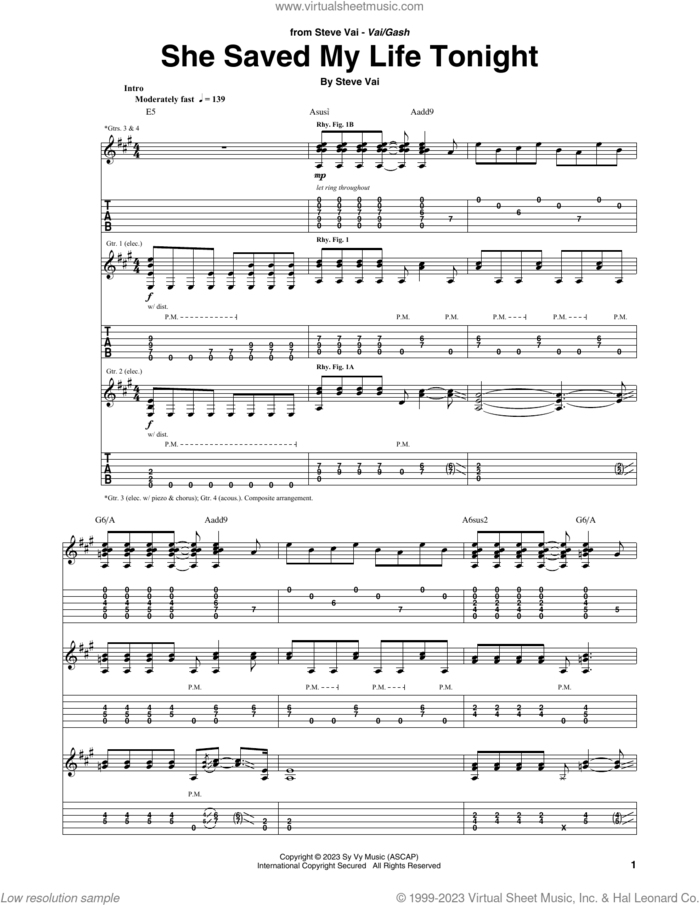 She Saved My Life Tonight sheet music for guitar (tablature) by Steve Vai, intermediate skill level