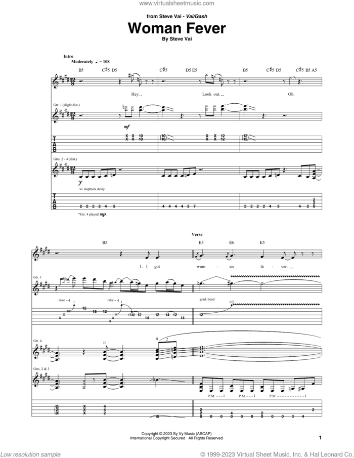 Woman Fever sheet music for guitar (tablature) by Steve Vai, intermediate skill level