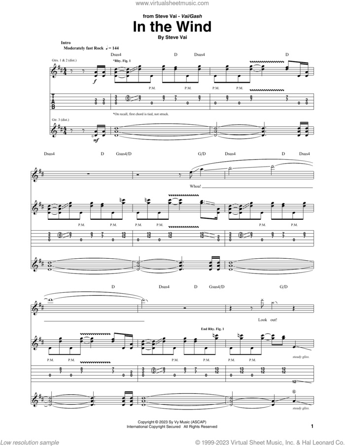 In The Wind sheet music for guitar (tablature) by Steve Vai, intermediate skill level