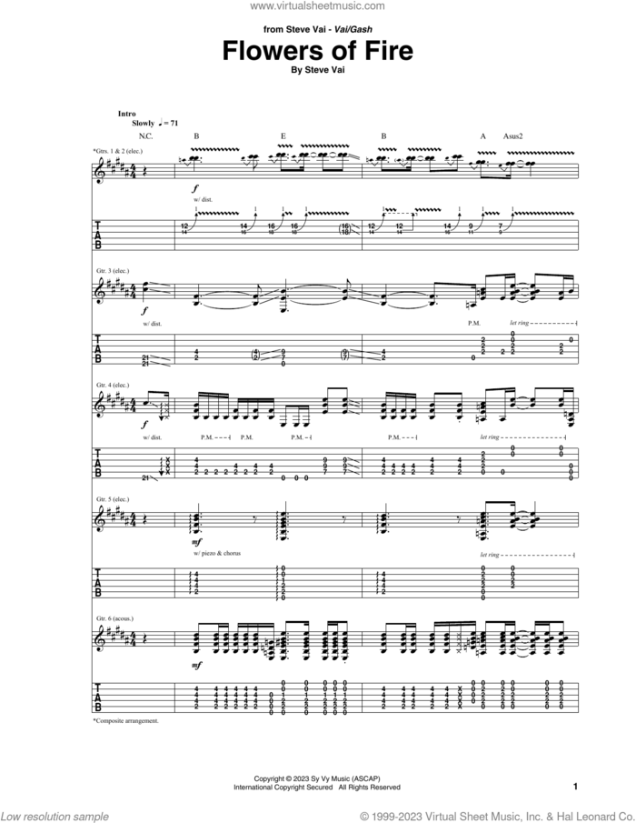 Flowers Of Fire sheet music for guitar (tablature) by Steve Vai, intermediate skill level