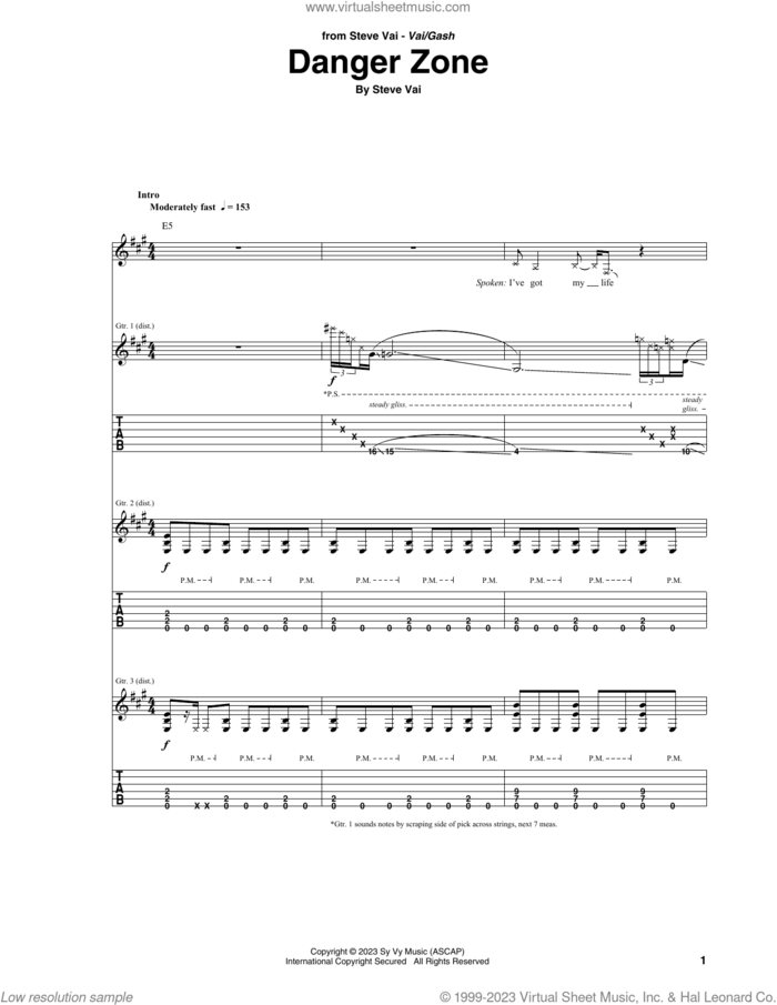 Danger Zone sheet music for guitar (tablature) by Steve Vai, intermediate skill level