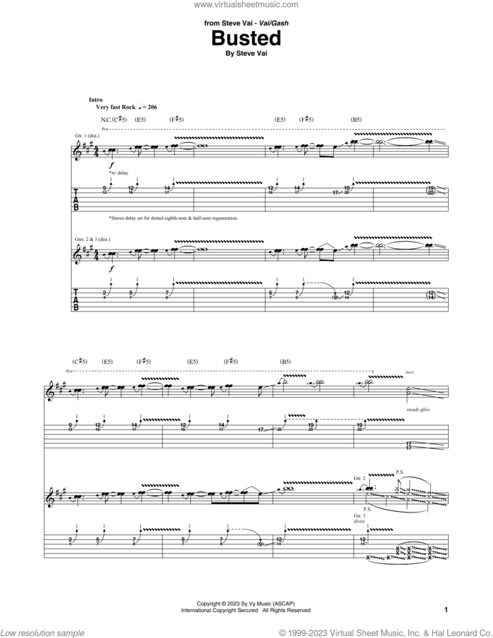 Busted sheet music for guitar (tablature) by Steve Vai, intermediate skill level