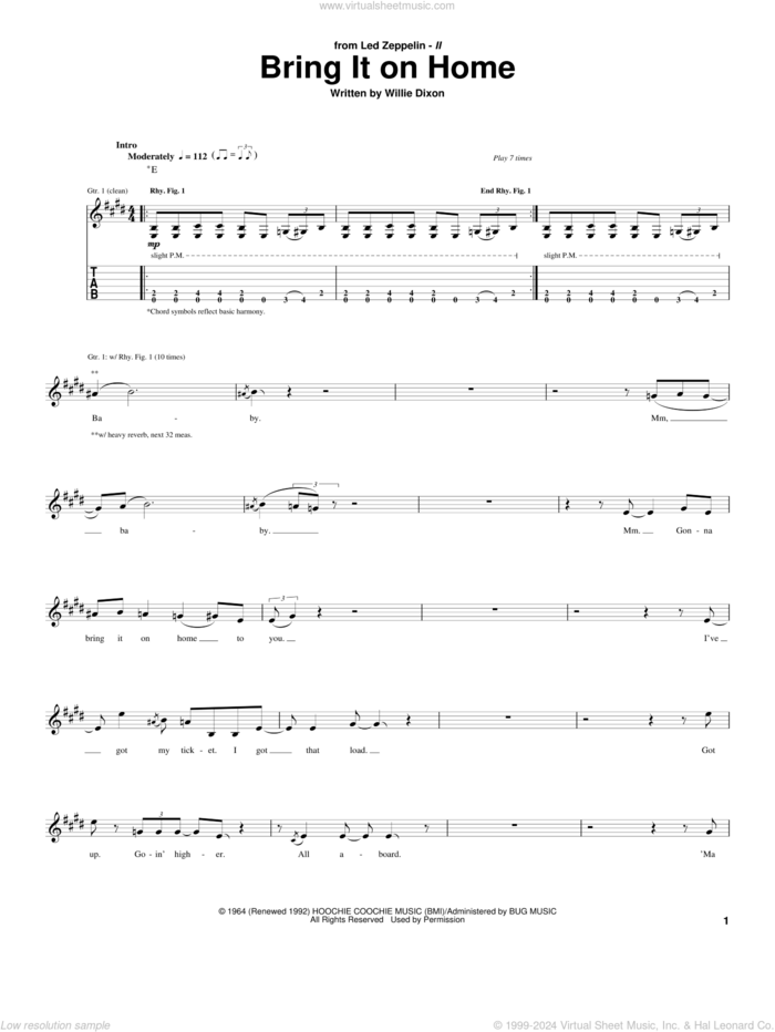 Bring It On Home sheet music for guitar (tablature) by Led Zeppelin and Willie Dixon, intermediate skill level