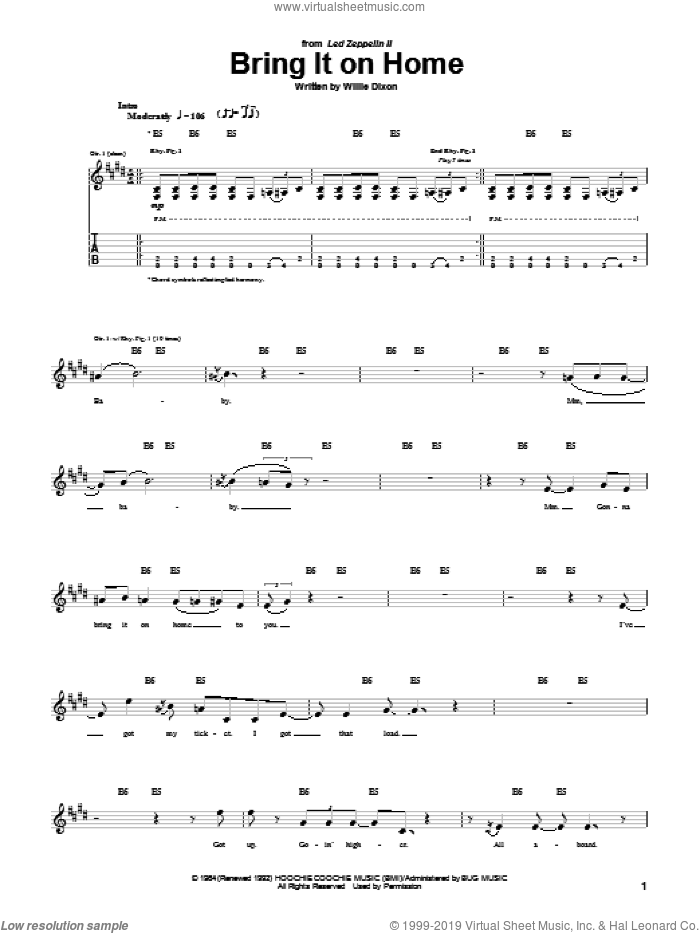 Bring It On Home sheet music for guitar (tablature) by Willie Dixon, intermediate skill level
