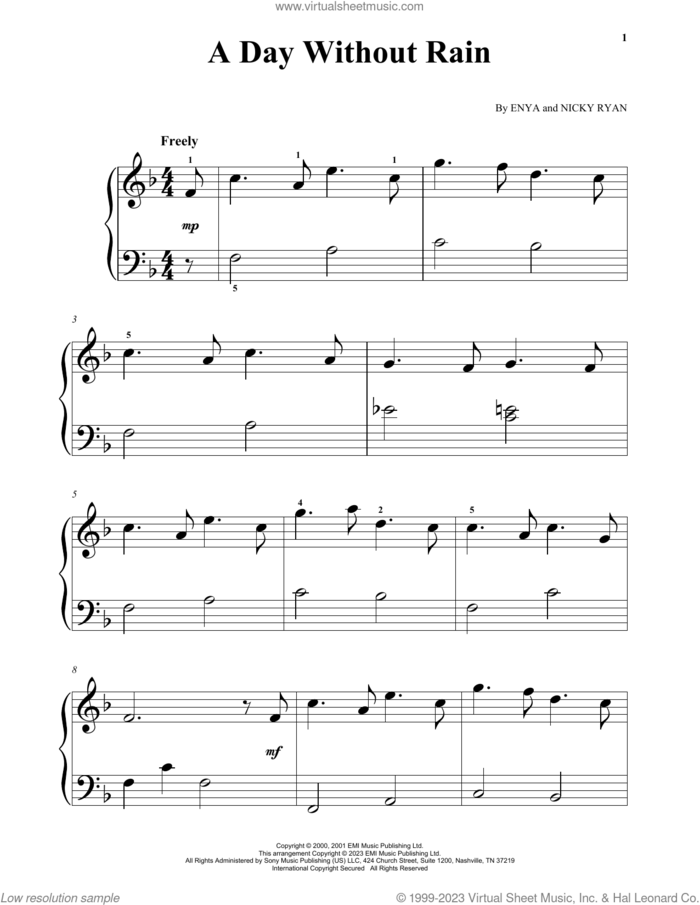 A Day Without Rain, (beginner) sheet music for piano solo by Enya and Nicky Ryan, beginner skill level