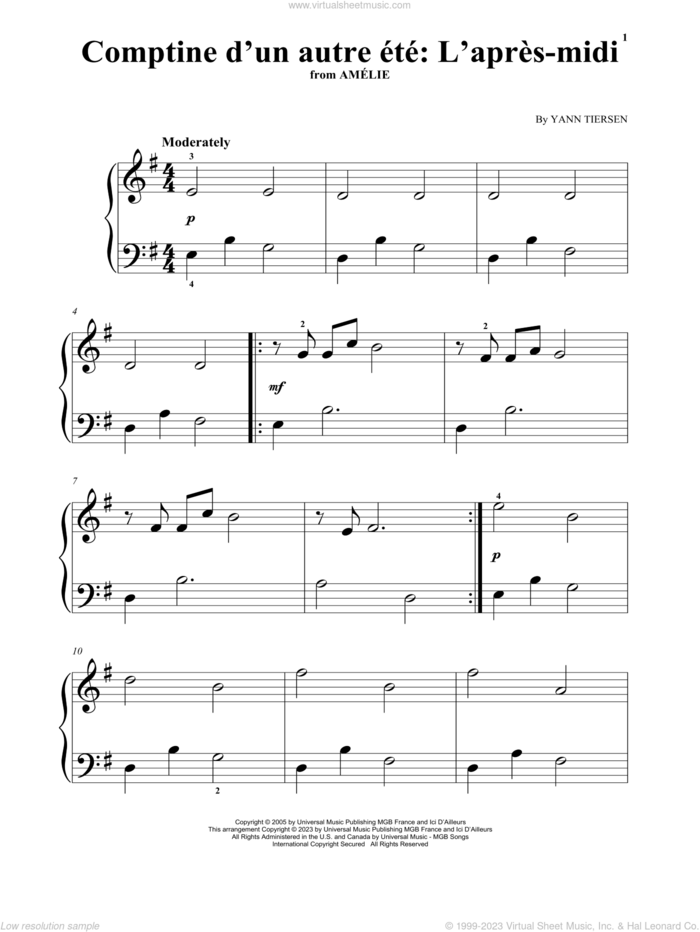 Comptine d'un autre ete: L'apres-midi (from Amelie) sheet music for piano solo by Yann Tiersen, classical score, beginner skill level