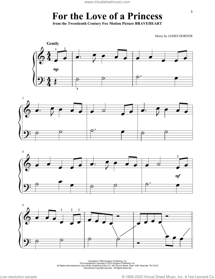 For The Love Of A Princess (from Braveheart), (beginner) sheet music for piano solo by James Horner, beginner skill level