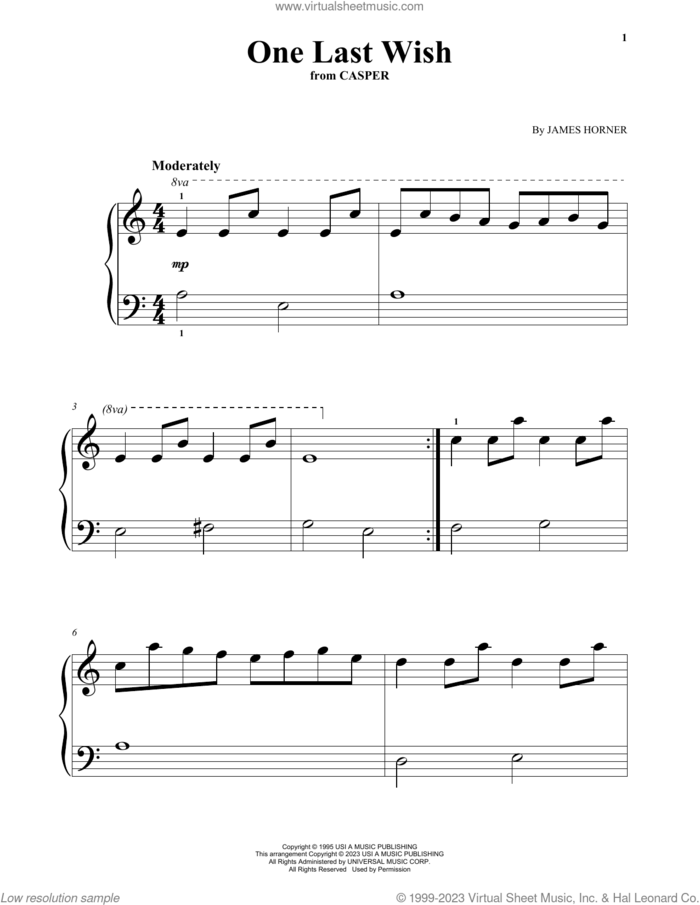 One Last Wish (from Casper) sheet music for piano solo by James Horner, beginner skill level