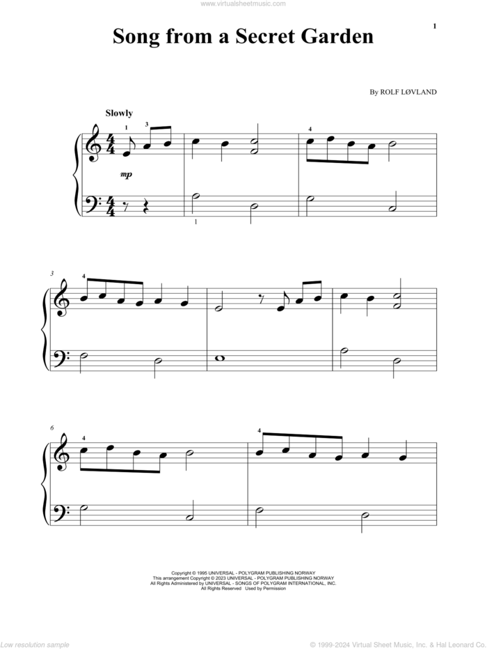 Song From A Secret Garden, (beginner) sheet music for piano solo by Secret Garden and Rolf Lovland, beginner skill level