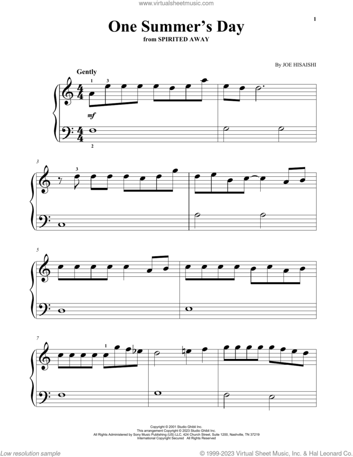 One Summer's Day (from Spirited Away) sheet music for piano solo by Joe Hisaishi, classical score, beginner skill level