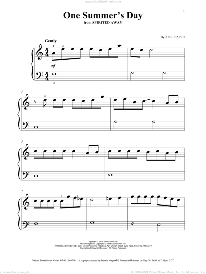 One Summer's Day (from Spirited Away) sheet music for piano solo by Joe Hisaishi, classical score, beginner skill level