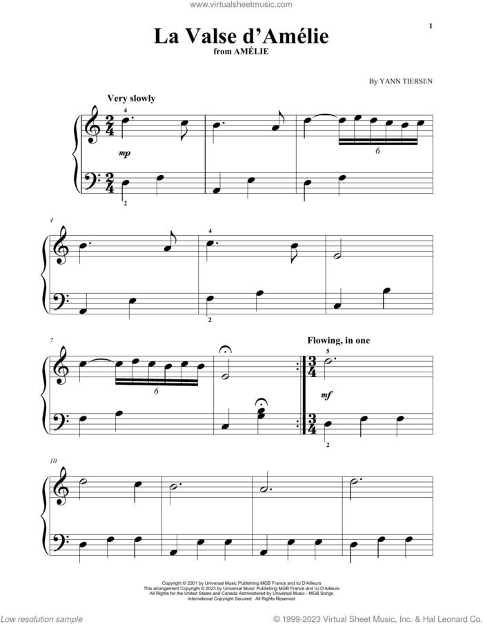 La Valse D'Amelie (from Amelie) sheet music for piano solo by Yann Tiersen, beginner skill level