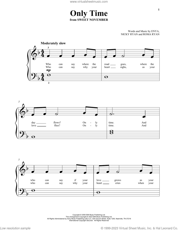 Only Time, (beginner) sheet music for piano solo by Enya, Nicky Ryan and Roma Ryan, beginner skill level