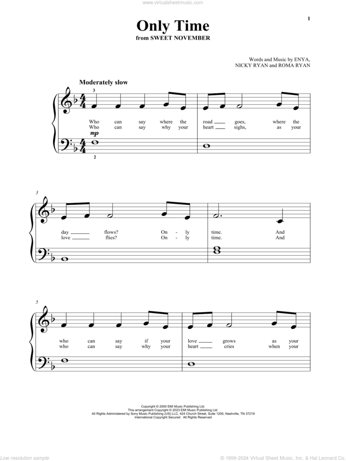 Only Time, (beginner) sheet music for piano solo by Enya, Nicky Ryan and Roma Ryan, beginner skill level