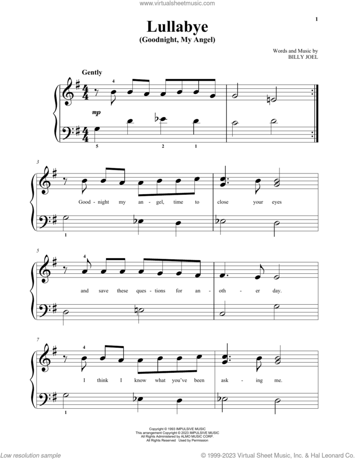 Lullabye (Goodnight, My Angel), (beginner) sheet music for piano solo by Billy Joel, beginner skill level