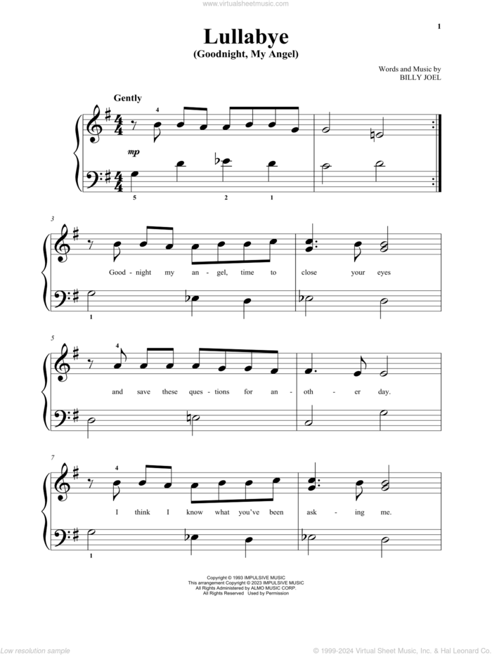 Lullabye (Goodnight, My Angel), (beginner) sheet music for piano solo by Billy Joel, beginner skill level