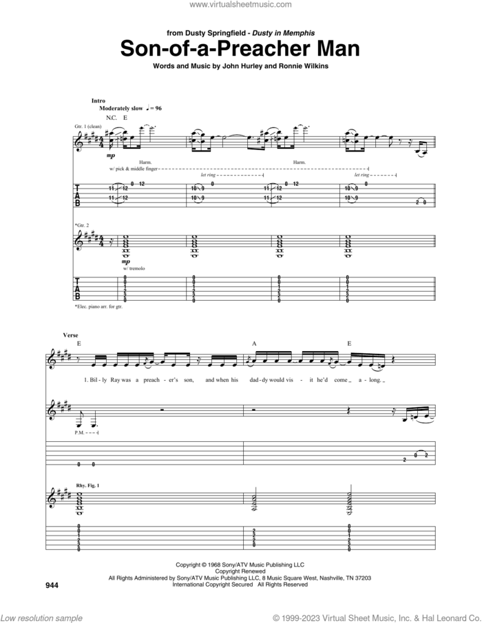 Son-Of-A-Preacher Man sheet music for guitar (tablature) by Dusty Springfield, John Hurley and Ronnie Wilkins, intermediate skill level