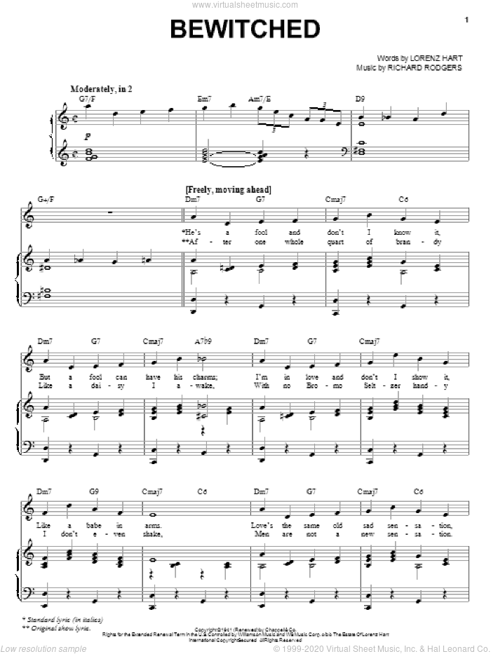 Bewitched sheet music for voice, piano or guitar by Rodgers & Hart, Pal Joey (Musical), Lorenz Hart and Richard Rodgers, intermediate skill level