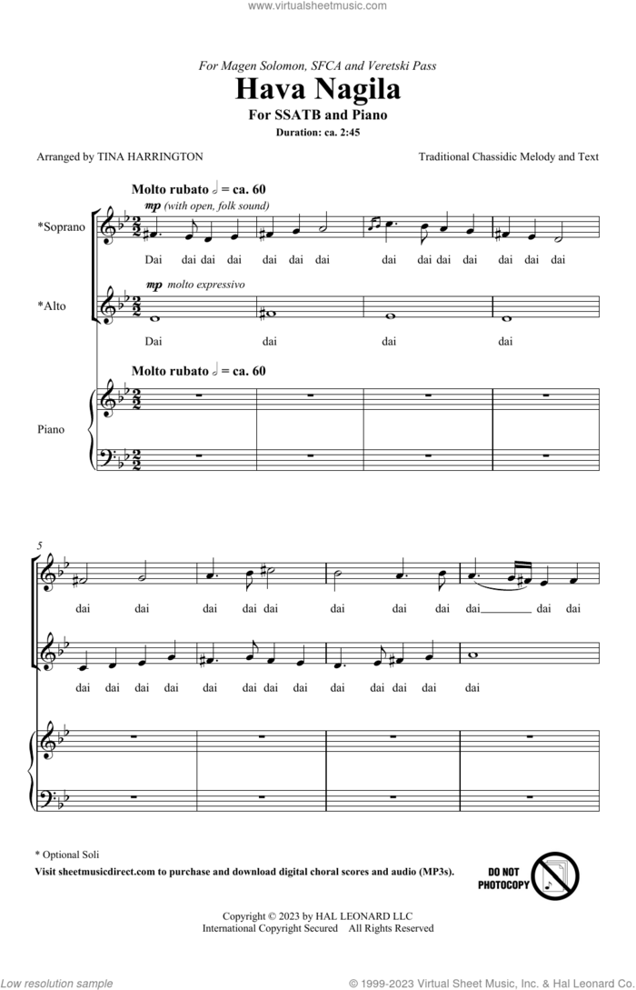 Hava Nagila sheet music for choir (SATB Divisi) by Tina Harrington and Traditional Chassidic Song, intermediate skill level