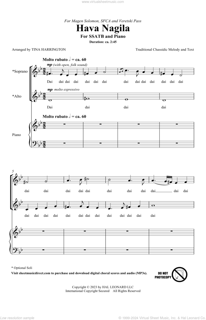 Hava Nagila sheet music for choir (SATB Divisi) by Tina Harrington and Traditional Chassidic Song, intermediate skill level