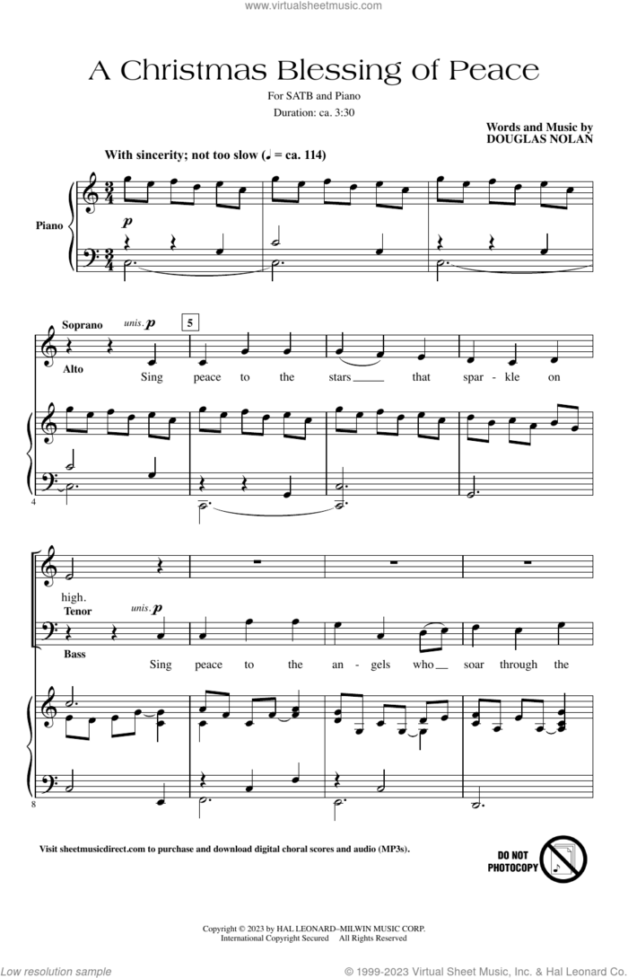 A Christmas Blessing Of Peace sheet music for choir (SATB: soprano, alto, tenor, bass) by Douglas Nolan, intermediate skill level