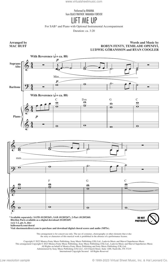 Lift Me Up (from Black Panther: Wakanda Forever) (arr. Mac Huff) sheet music for choir (SAB: soprano, alto, bass) by Rihanna, Mac Huff, Ludwig Goransson, Robyn Fenty, Ryan Coogler and Temilade Openiyi, intermediate skill level