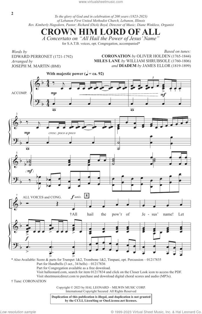 Crown Him Lord Of All (A Concerto on 'All Hail The Power Of Jesus' Name') sheet music for choir (SATB: soprano, alto, tenor, bass) by Edward Perronet and Joseph M. Martin, intermediate skill level
