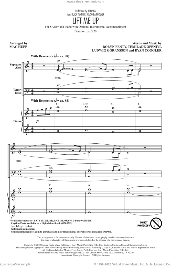 Lift Me Up (from Black Panther: Wakanda Forever) (arr. Mac Huff) sheet music for choir (SATB: soprano, alto, tenor, bass) by Rihanna, Mac Huff, Ludwig Goransson, Robyn Fenty, Ryan Coogler and Temilade Openiyi, intermediate skill level