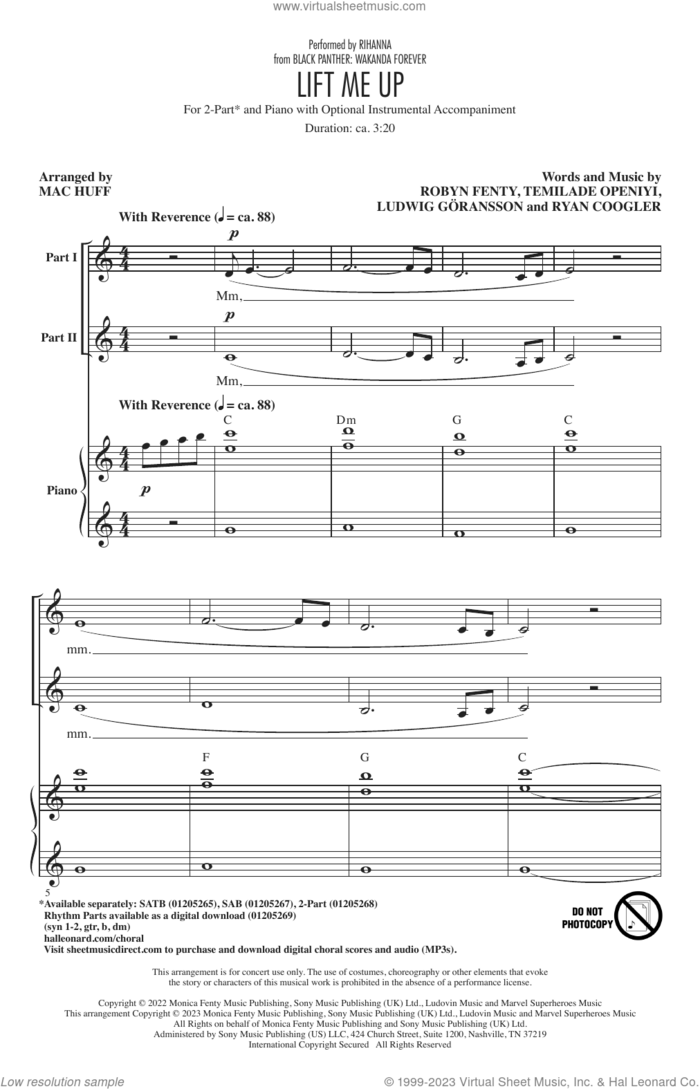 Lift Me Up (from Black Panther: Wakanda Forever) (arr. Mac Huff) sheet music for choir (2-Part) by Rihanna, Mac Huff, Ludwig Goransson, Robyn Fenty, Ryan Coogler and Temilade Openiyi, intermediate duet