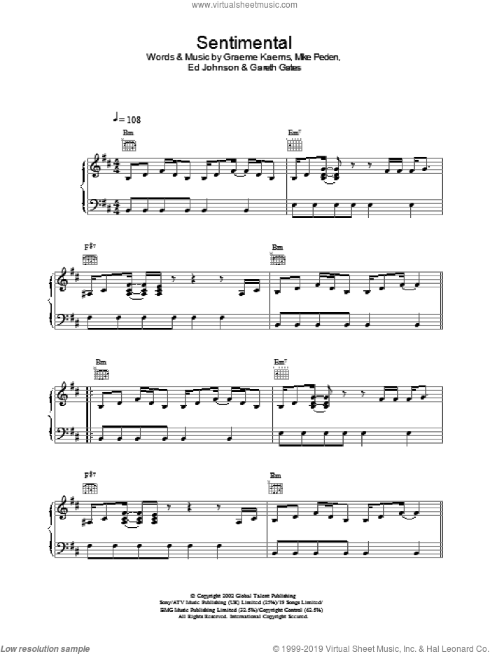 Sentimental sheet music for voice, piano or guitar by Gareth Gates, intermediate skill level