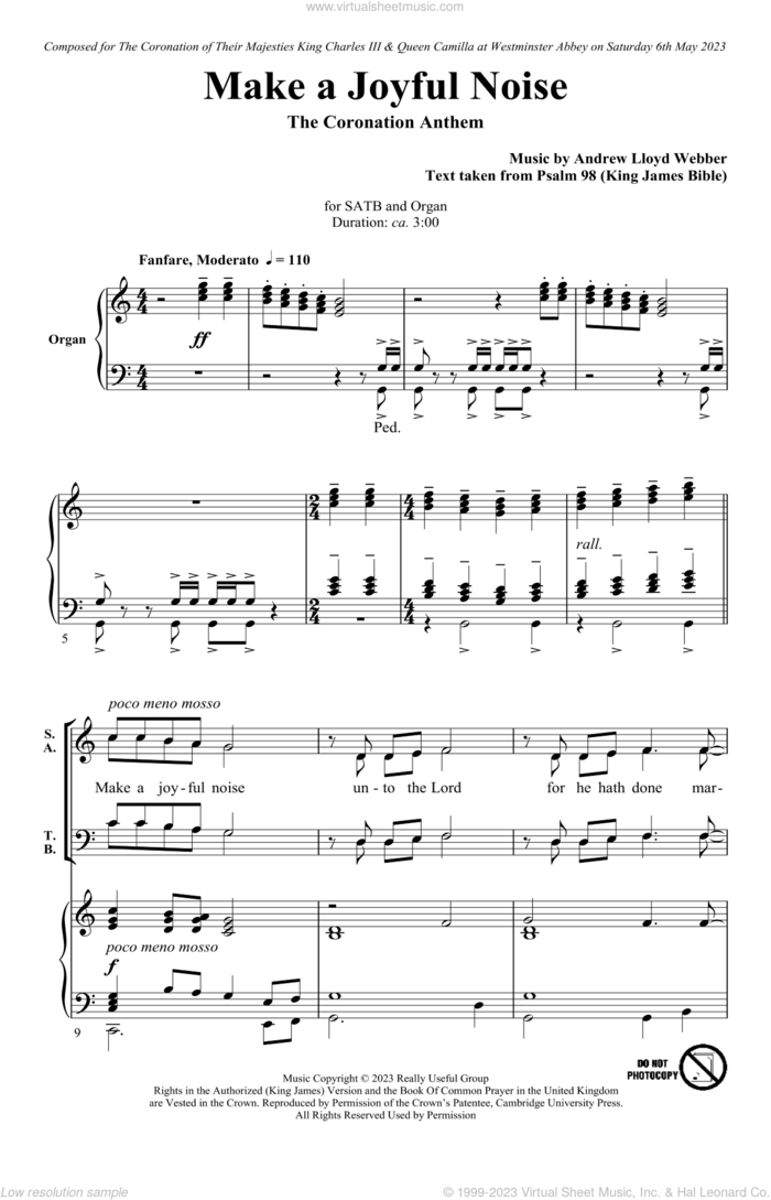 Make A Joyful Noise - The Coronation Anthem (for SATB and Organ) sheet music for choir (SATB: soprano, alto, tenor, bass) by Andrew Lloyd Webber and Psalm 98 (King James Bible), intermediate skill level
