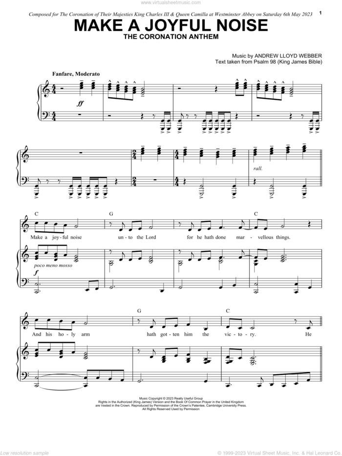 Make A Joyful Noise - The Coronation Anthem (for Unison Voices and Piano) sheet music for choir (Unison) by Andrew Lloyd Webber and Psalm 98 (King James Bible), intermediate skill level