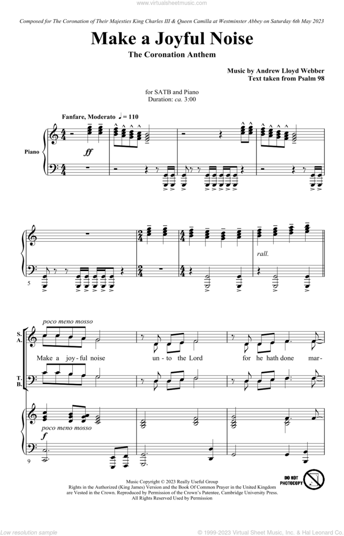 Make A Joyful Noise - The Coronation Anthem (for SATB and Piano) sheet music for choir (SATB: soprano, alto, tenor, bass) by Andrew Lloyd Webber and Psalm 98 (King James Bible), intermediate skill level